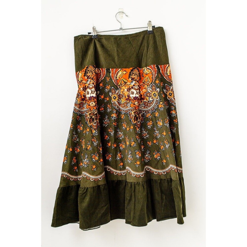 Petite Sophisticate L green corduroy floral paisley long midi skirt western boho